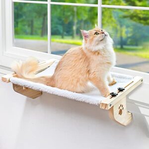 amosijoy cat sill window perch sturdy cat hammock window seat with wood & metal frame for large cats, easy to adjust cat bed for windowsill, bedside, drawer and cabinet (21.7''-white plush)