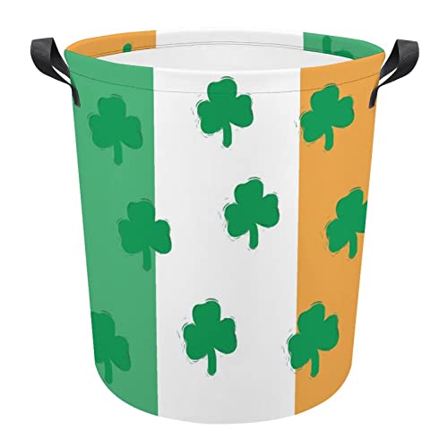 Clover on The Irish Flag Laundry Hamper Round Canvas Fabric Baskets with Handles Waterproof Collapsible Washing Bin Clothes Bag