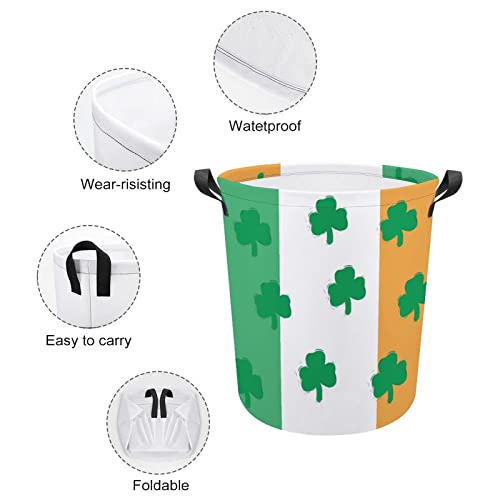 Clover on The Irish Flag Laundry Hamper Round Canvas Fabric Baskets with Handles Waterproof Collapsible Washing Bin Clothes Bag