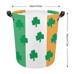 Clover on The Irish Flag Laundry Hamper Round Canvas Fabric Baskets with Handles Waterproof Collapsible Washing Bin Clothes Bag