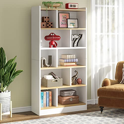 Tribesigns 6 Shelf Bookcase, 72 Inch Tall Wood Bookshelf Modern Bookshelves, Floor Standing Display Shelves Cube Storage Organizer for Living Room, Bedroom, Home Office, White&Brown