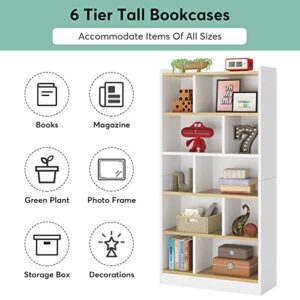 Tribesigns 6 Shelf Bookcase, 72 Inch Tall Wood Bookshelf Modern Bookshelves, Floor Standing Display Shelves Cube Storage Organizer for Living Room, Bedroom, Home Office, White&Brown