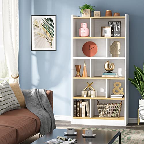 Tribesigns 6 Shelf Bookcase, 72 Inch Tall Wood Bookshelf Modern Bookshelves, Floor Standing Display Shelves Cube Storage Organizer for Living Room, Bedroom, Home Office, White&Brown