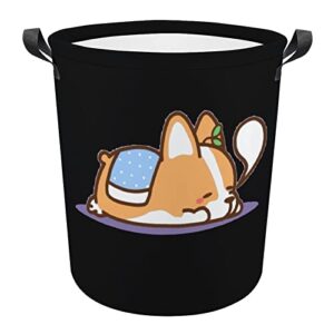 sleeping corgi laundry hamper round canvas fabric baskets with handles waterproof collapsible washing bin clothes bag