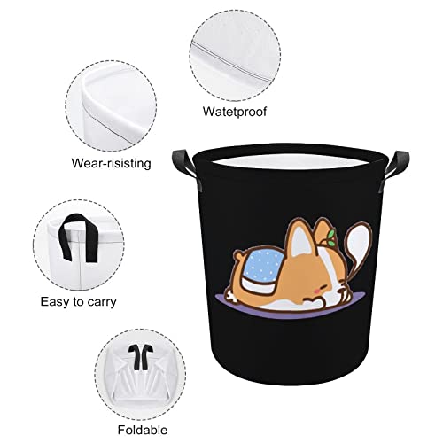 Sleeping Corgi Laundry Hamper Round Canvas Fabric Baskets with Handles Waterproof Collapsible Washing Bin Clothes Bag