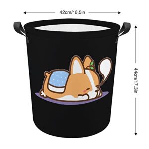 Sleeping Corgi Laundry Hamper Round Canvas Fabric Baskets with Handles Waterproof Collapsible Washing Bin Clothes Bag
