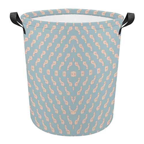 Repeating Penis Pattern Laundry Hamper Round Canvas Fabric Baskets with Handles Waterproof Collapsible Washing Bin Clothes Bag