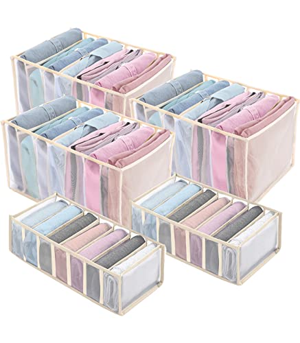 Wardrobe Clothes Organizer, 7 Grids Drawer Organizers for Clothing, Bedroom clothes organizer for folded clothes, Closet Organizers and Storage Baskets for Pants,T-Shirts, Jeans (5 Pack 2M+3L)