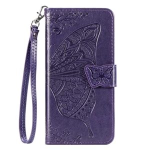 onv wallet case for oppo reno 7 4g - butterfly embossed leather folio case [magnetic] [card slots] [kickstand] [wrist strap] +tpu shell for oppo reno 7 4g [hzd] -violet