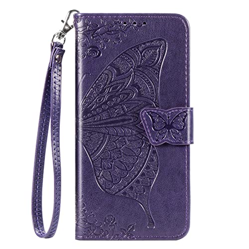 ONV Wallet Case for Oppo Reno 7 4G - Butterfly Embossed Leather Folio Case [Magnetic] [Card Slots] [Kickstand] [Wrist Strap] +TPU Shell for Oppo Reno 7 4G [HZD] -Violet