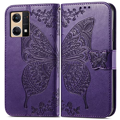 ONV Wallet Case for Oppo Reno 7 4G - Butterfly Embossed Leather Folio Case [Magnetic] [Card Slots] [Kickstand] [Wrist Strap] +TPU Shell for Oppo Reno 7 4G [HZD] -Violet