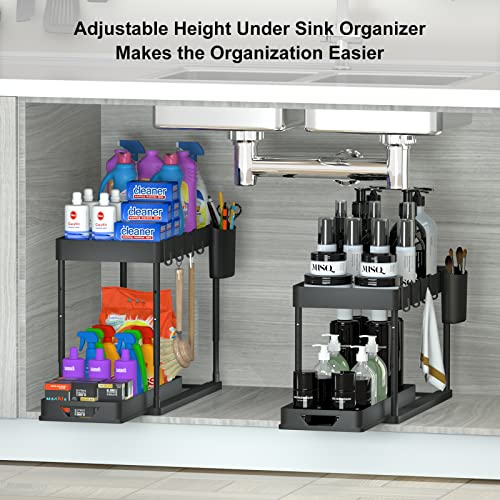 HI NINGER 2 Pack Adjustable Height Under Sink Organizers and Storage, 2Tier Bathroom Organizer Under Sink,Multifunction Kitchen Under Sink Organizer with 8 Hooks and 2 Hanging Cups and16Non-slip mat