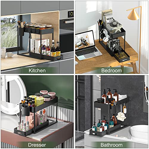 HI NINGER 2 Pack Adjustable Height Under Sink Organizers and Storage, 2Tier Bathroom Organizer Under Sink,Multifunction Kitchen Under Sink Organizer with 8 Hooks and 2 Hanging Cups and16Non-slip mat