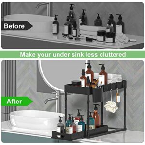 HI NINGER 2 Pack Adjustable Height Under Sink Organizers and Storage, 2Tier Bathroom Organizer Under Sink,Multifunction Kitchen Under Sink Organizer with 8 Hooks and 2 Hanging Cups and16Non-slip mat