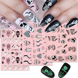 4 Sheets Halloween Nail Art Stickers Decals Luminous Halloween Nail Stickers Halloween Nail Decorations Accessories Cute Ghost Spider Web Halloween Black White Glowing in The Dark Nail Designs