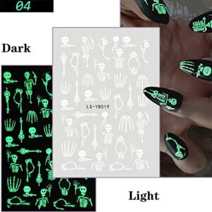 4 Sheets Halloween Nail Art Stickers Decals Luminous Halloween Nail Stickers Halloween Nail Decorations Accessories Cute Ghost Spider Web Halloween Black White Glowing in The Dark Nail Designs