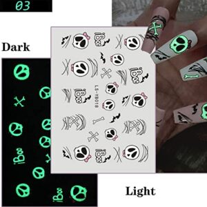 4 Sheets Halloween Nail Art Stickers Decals Luminous Halloween Nail Stickers Halloween Nail Decorations Accessories Cute Ghost Spider Web Halloween Black White Glowing in The Dark Nail Designs