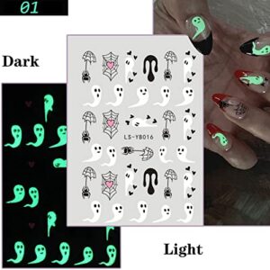 4 Sheets Halloween Nail Art Stickers Decals Luminous Halloween Nail Stickers Halloween Nail Decorations Accessories Cute Ghost Spider Web Halloween Black White Glowing in The Dark Nail Designs