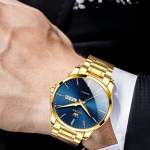 OLEVS Mens Gold Watches Analog Quartz Business Dress Watch Day Date Stainless Steel Classic Luxury Luminous Waterproof Casual Male Wrist Watches Blue Face