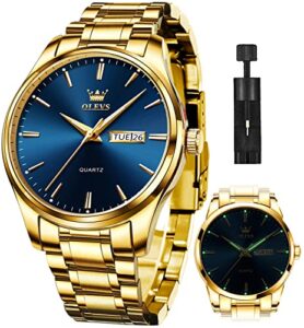 olevs mens gold watches analog quartz business dress watch day date stainless steel classic luxury luminous waterproof casual male wrist watches blue face