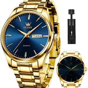 OLEVS Mens Gold Watches Analog Quartz Business Dress Watch Day Date Stainless Steel Classic Luxury Luminous Waterproof Casual Male Wrist Watches Blue Face