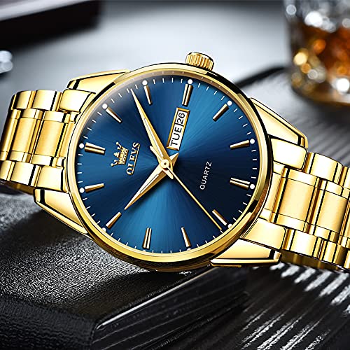 OLEVS Mens Gold Watches Analog Quartz Business Dress Watch Day Date Stainless Steel Classic Luxury Luminous Waterproof Casual Male Wrist Watches Blue Face