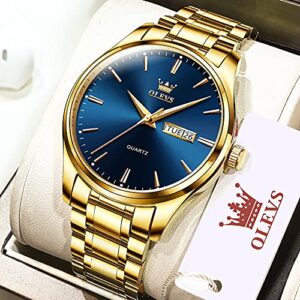 OLEVS Mens Gold Watches Analog Quartz Business Dress Watch Day Date Stainless Steel Classic Luxury Luminous Waterproof Casual Male Wrist Watches Blue Face