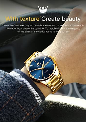 OLEVS Mens Gold Watches Analog Quartz Business Dress Watch Day Date Stainless Steel Classic Luxury Luminous Waterproof Casual Male Wrist Watches Blue Face