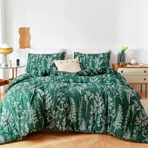 JANZAA Duvet Cover Queen Size,3 Pieces Floral Emerald, Botanical Green Duvet Cover,Microfiber Soft Bedding Set with Zipper Closure 4 Ties (2 Pillow Cases)