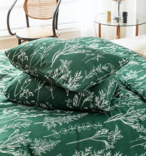 JANZAA Duvet Cover Queen Size,3 Pieces Floral Emerald, Botanical Green Duvet Cover,Microfiber Soft Bedding Set with Zipper Closure 4 Ties (2 Pillow Cases)