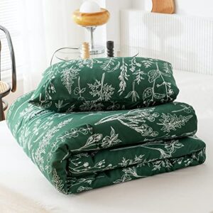 JANZAA Duvet Cover Queen Size,3 Pieces Floral Emerald, Botanical Green Duvet Cover,Microfiber Soft Bedding Set with Zipper Closure 4 Ties (2 Pillow Cases)