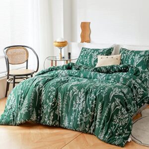 JANZAA Duvet Cover Queen Size,3 Pieces Floral Emerald, Botanical Green Duvet Cover,Microfiber Soft Bedding Set with Zipper Closure 4 Ties (2 Pillow Cases)