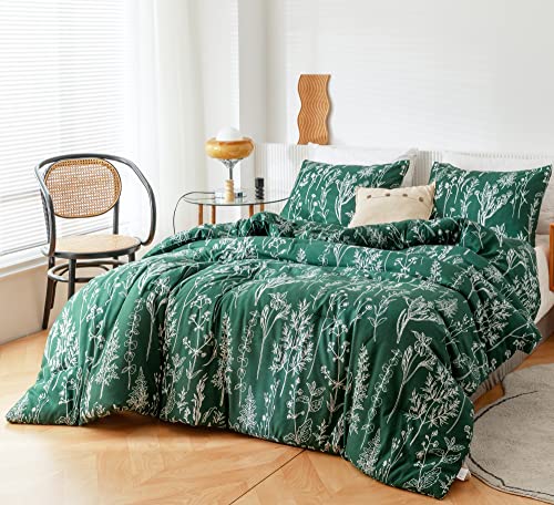 JANZAA Duvet Cover Queen Size,3 Pieces Floral Emerald, Botanical Green Duvet Cover,Microfiber Soft Bedding Set with Zipper Closure 4 Ties (2 Pillow Cases)