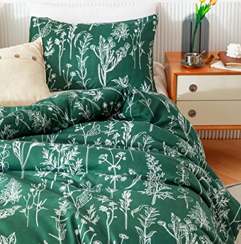 JANZAA Duvet Cover Queen Size,3 Pieces Floral Emerald, Botanical Green Duvet Cover,Microfiber Soft Bedding Set with Zipper Closure 4 Ties (2 Pillow Cases)