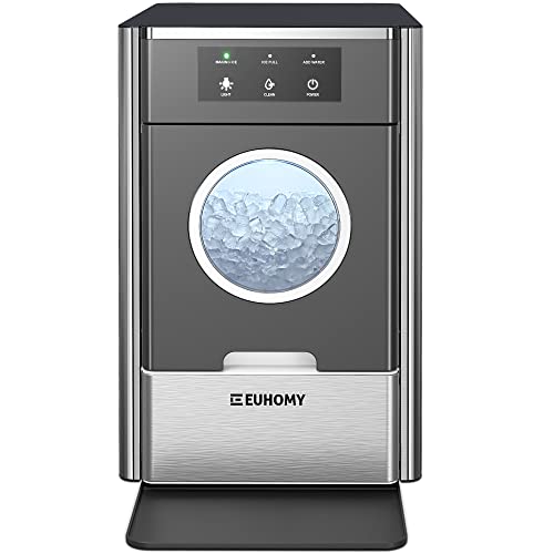 EUHOMY Nugget Ice Maker Countertop, Max 33lbs/24H, 2 Ways Water Refill, LED Light, Self-Cleaning Pebble Ice Maker with Basket and Scoop, for Home/Kitchen/Camping/RV. (Black Silver)