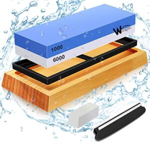 knife sharpening kit - 1000/6000 grit japanese whetstone knife sharpener set with non-slip rubber base angle guide flattening wet stone for kitchen knives chisel axe scissors