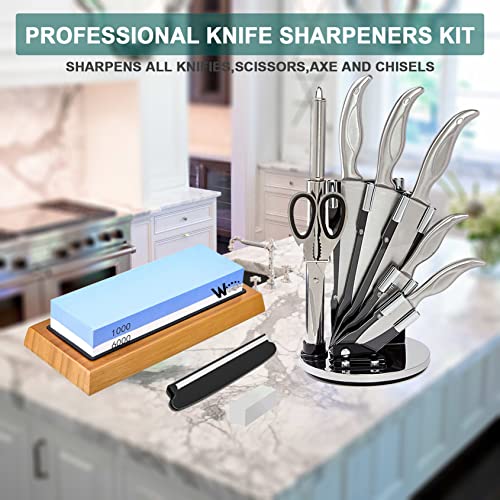 Knife Sharpening Kit - 1000/6000 Grit Japanese Whetstone Knife Sharpener set with Non-slip Rubber Base Angle Guide Flattening Wet stone for Kitchen Knives Chisel Axe Scissors