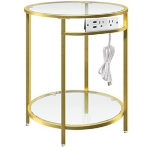 rolanstar end table with charging station, round side table with double glass shelves & metal frame, small coffee accent table, modern nightstand bedside table for living room, bedroom, gold