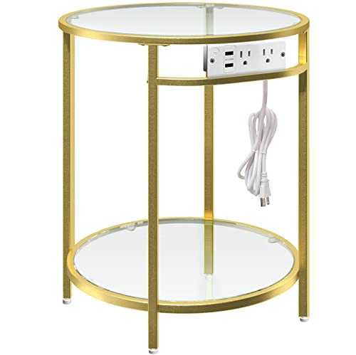 Rolanstar End Table with Charging Station, Round Side Table with Double Glass Shelves & Metal Frame, Small Coffee Accent Table, Modern Nightstand Bedside Table for Living Room, Bedroom, Gold