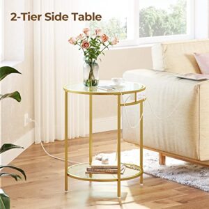 Rolanstar End Table with Charging Station, Round Side Table with Double Glass Shelves & Metal Frame, Small Coffee Accent Table, Modern Nightstand Bedside Table for Living Room, Bedroom, Gold