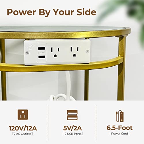 Rolanstar End Table with Charging Station, Round Side Table with Double Glass Shelves & Metal Frame, Small Coffee Accent Table, Modern Nightstand Bedside Table for Living Room, Bedroom, Gold