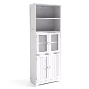 vingli 64" tall storage cabinet bathroom linen closet storage tower white organizer home decor with 2 open shelves 2 cabinets glass doors for kitchen living room bedroom laundry room entryway office
