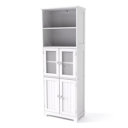 VINGLI 64" Tall Storage Cabinet Bathroom Linen Closet Storage Tower White Organizer Home Decor with 2 Open Shelves 2 Cabinets Glass Doors for Kitchen Living Room Bedroom Laundry Room Entryway Office