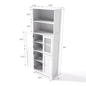 VINGLI 64" Tall Storage Cabinet Bathroom Linen Closet Storage Tower White Organizer Home Decor with 2 Open Shelves 2 Cabinets Glass Doors for Kitchen Living Room Bedroom Laundry Room Entryway Office