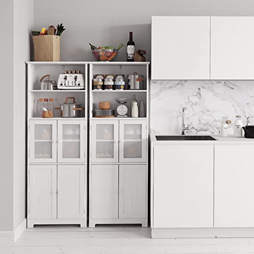 VINGLI 64" Tall Storage Cabinet Bathroom Linen Closet Storage Tower White Organizer Home Decor with 2 Open Shelves 2 Cabinets Glass Doors for Kitchen Living Room Bedroom Laundry Room Entryway Office