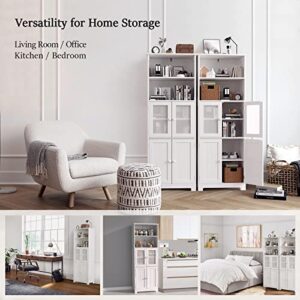 VINGLI 64" Tall Storage Cabinet Bathroom Linen Closet Storage Tower White Organizer Home Decor with 2 Open Shelves 2 Cabinets Glass Doors for Kitchen Living Room Bedroom Laundry Room Entryway Office