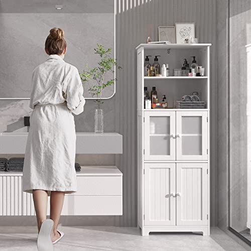 VINGLI 64" Tall Storage Cabinet Bathroom Linen Closet Storage Tower White Organizer Home Decor with 2 Open Shelves 2 Cabinets Glass Doors for Kitchen Living Room Bedroom Laundry Room Entryway Office