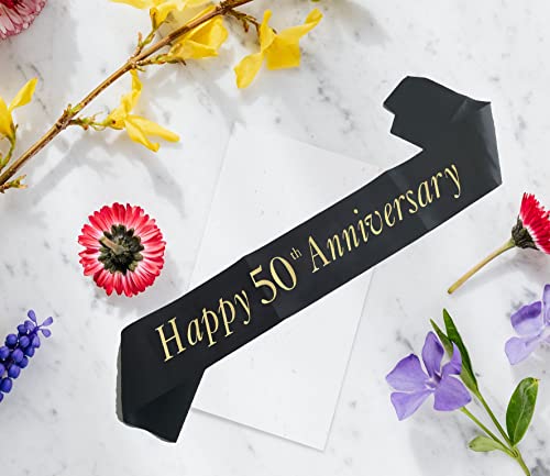 Joyiou Happy 50th Anniversary Sash, Perfect for 50th Wedding Anniversary Celebration Party Supplies Gift Decors, Soft Black Sash with Gold Foil Letters, Wedding Anniversary Favors for Husband Wife