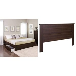 prepac select king 4 post platform bed with 4 drawers, 83" l x 79" w x 16" h, espresso & king flat panel headboard, espresso