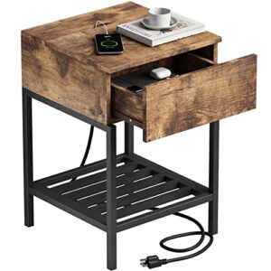 choochoo nightstand with charging station and usb ports, rustic side end table with drawer and metal shelf, bedside table for small spaces, bedroom, rustic brown